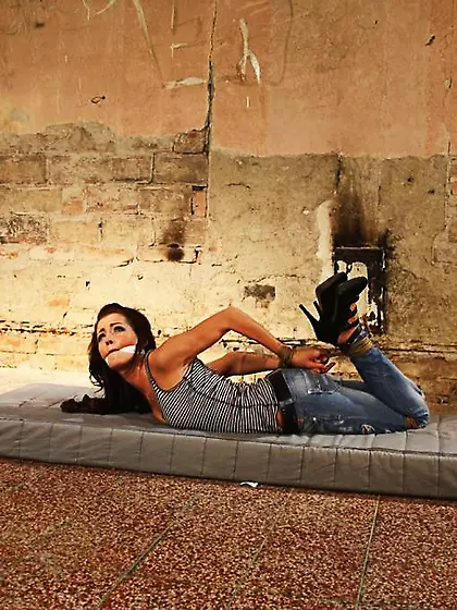 Useless nasty whore is hogtied with clothes...