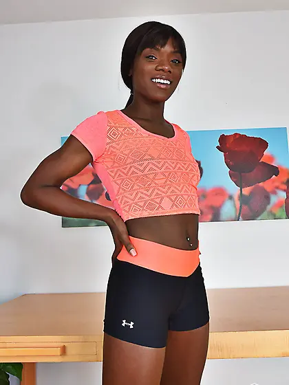 Tight Ebony girl spreads her labia flaunting the tight pink flow