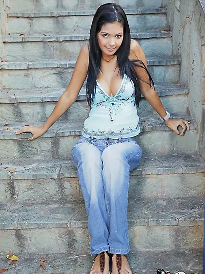 Innocent looking brunette Karla Spice with sexy tanned body posi