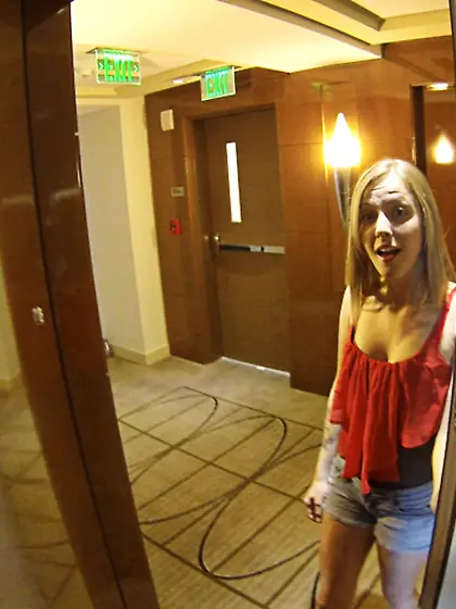 Teen takes off her red dress and swallows...