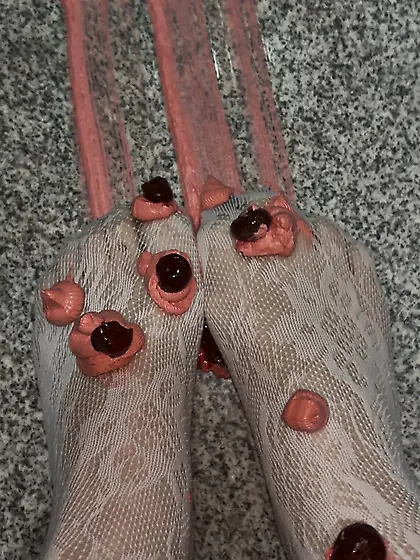 Playing with a whipped cream with my legs in white stockings