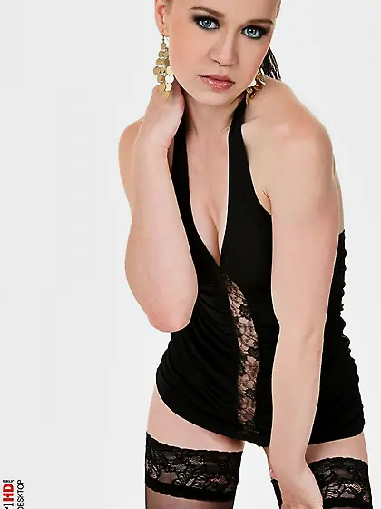 Brunette teen in black stockings and corset Emma Pearl showing n