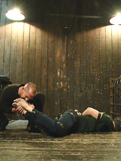 Guy blindfolded tied pegged