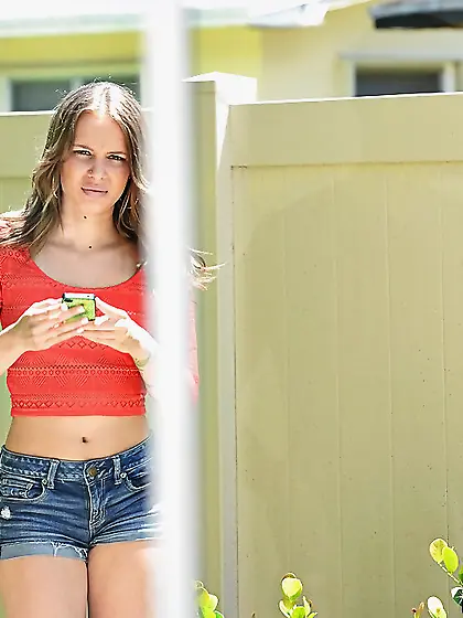 Playful newbie flashes untanned boobs to get access inside sex m