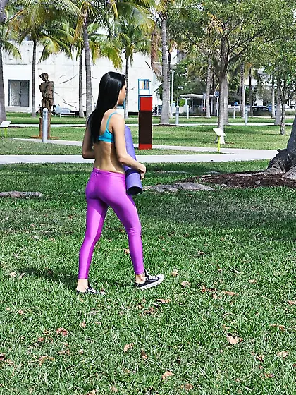 Purple pants brunette does yoga outdoors and gets fucked indoors