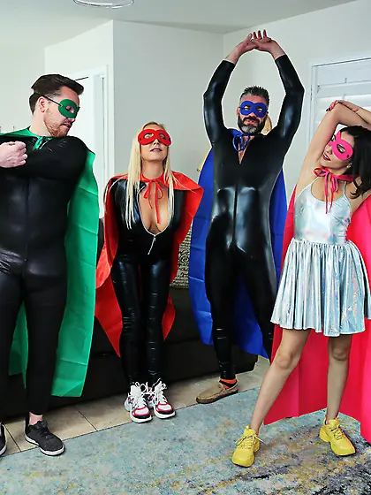 Cosplay foursome with horny blonde and brunette