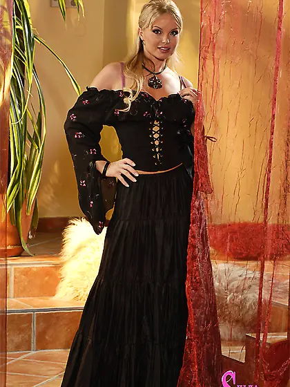 Delicious girl Silvia Saint lifts the long dress up and plays se