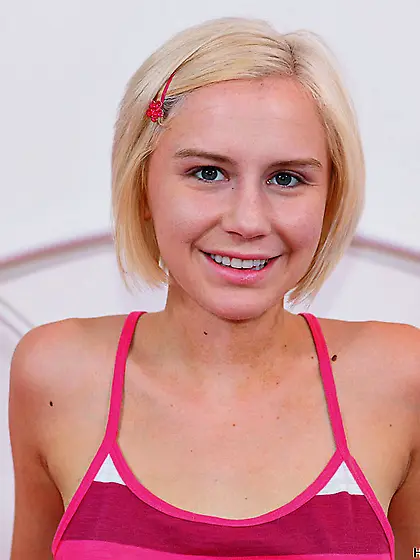 Cute blonde teen gal Kelly Klass strips her denim shorts and sho