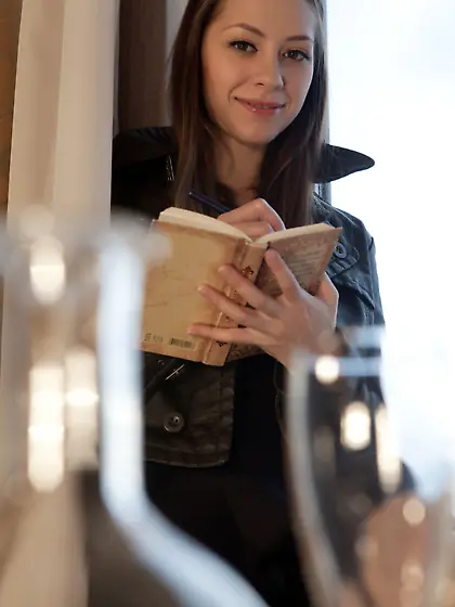 Black skirt brunette showing off her delicious-looking teen hole