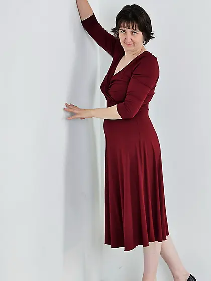 Brunette bitch maroon dress