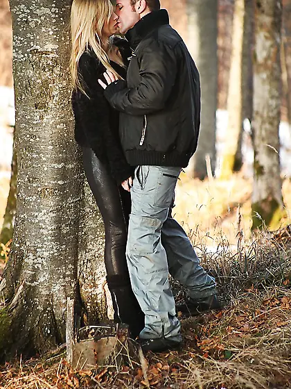 Lowering himself,  he stuffs that boner in between her lips