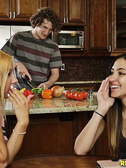 Teen beauty Kenzie Reeves sucking a cock behind the kitchen coun