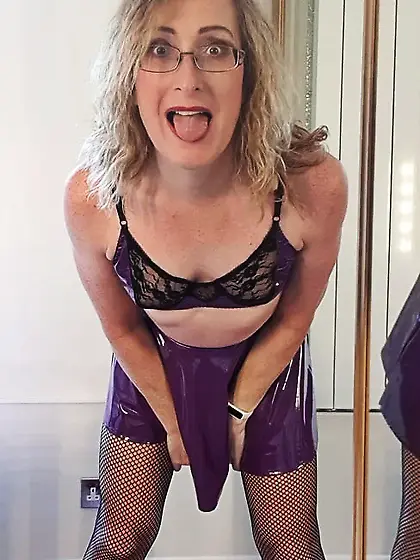 Purple Shiny PVC Skirt and Bra.  Essex Girl Lisa.