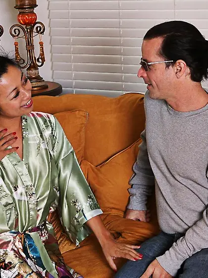 Asian girl Lucky Starr riding the dick,  licking it with the tong