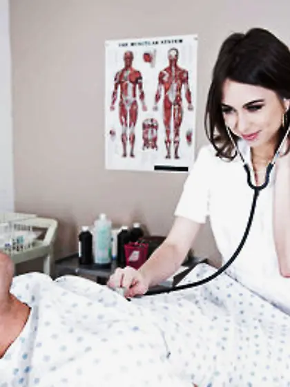 Skinny takes off nurse uniform to flaunt tiny nipples during a b