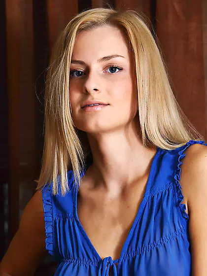 Shy looking babe with golden hair and tanned body Alba T loves e