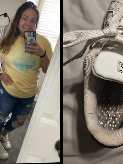 Cum in her Adidas shoes