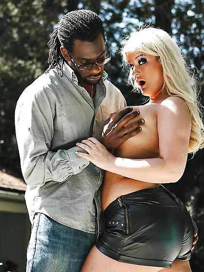 Platinum blonde stunner with huge booty has a weakness for black