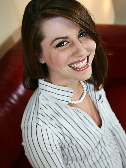 Smiling small titted girl Brooke Van Buuren with pink pussy stri