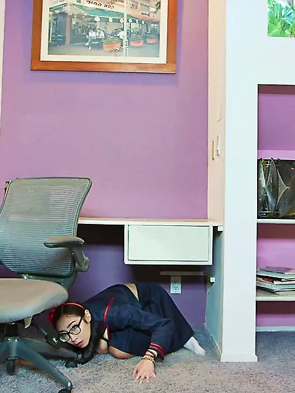 Skinny long-haired asian student