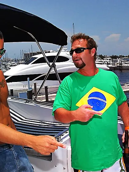 Tanned brunette with natural tits gets banged on a boat,  FMM-sty