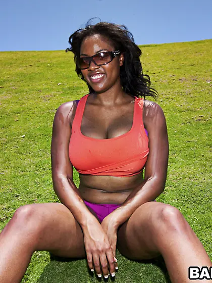 Alia Starr takes her purple panties off and shows us her large b