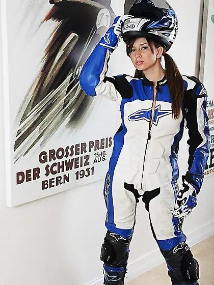 Beautiful teen chick Shay Laren strips her motorcycle outfit and