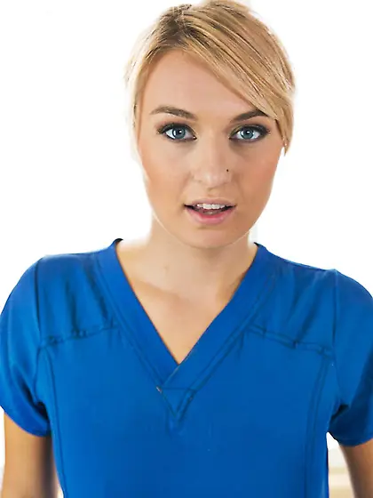 Blonde Natalia Starr strips and shows her tan lined tits and sex