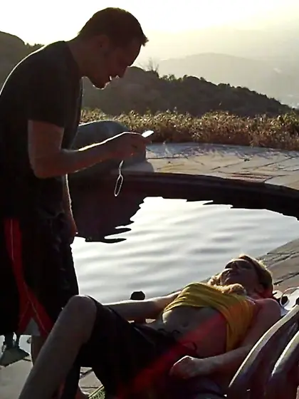 Katie Summers takes her clothes off by the pool and rides stud&#