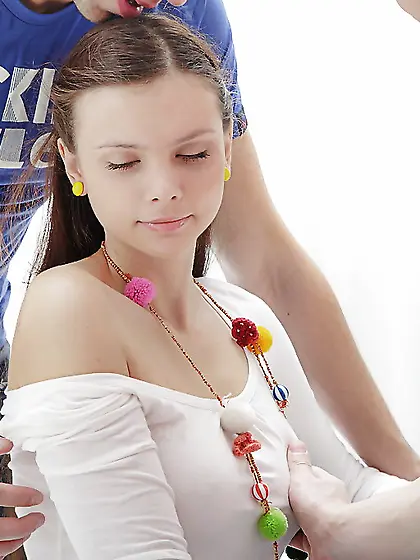 Innocent sexpot not shy to serve two hard cocks during group sex