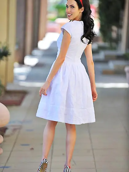 Brunette babe Sophie FTV in white dress takes off her red pantie