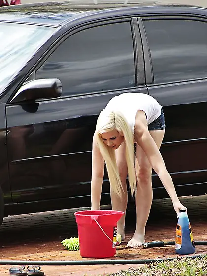 Adorable young blonde gets some hot banging after a car wash,  sh