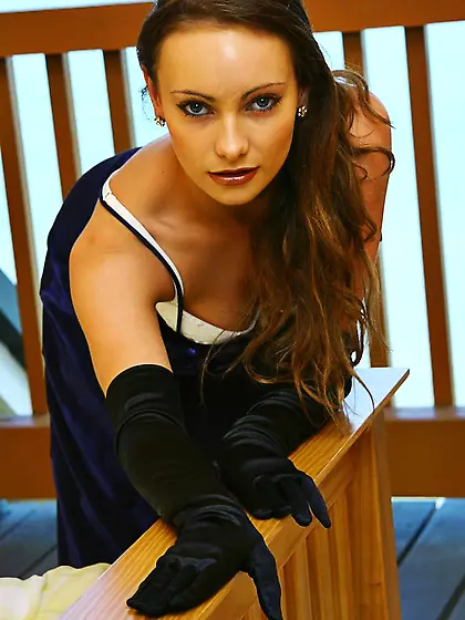 Sexy lady Stacey OConnell in long gloves wears snow white linger