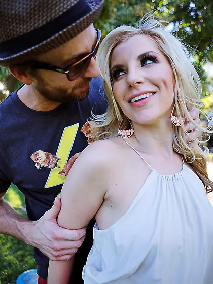 Blonde chick Ashley Fires kinkily looks into cam and rides the s