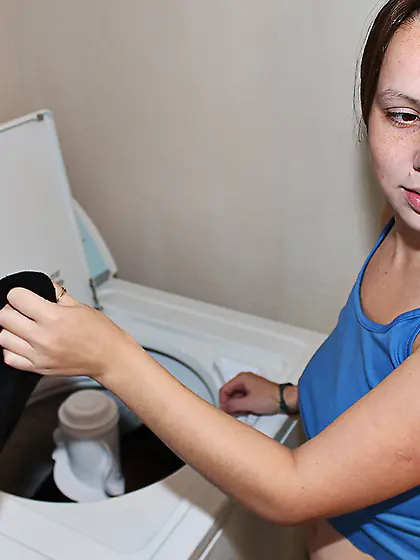 Naughty young girl Zoe Rae is pinching her hard nipples and play