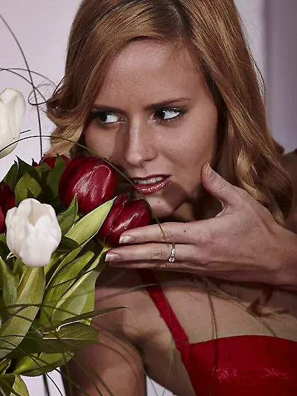 Bashful blonde with curly hair gladly poses without her red ling