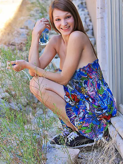 Tender cutie Holly FTV in blue dress spreads her shaved pussy op