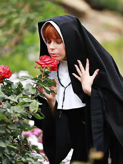 Ginger nun exposes milky boobs and untapped pinky flower in the