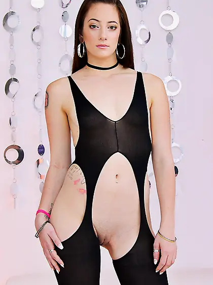 Girl in black bodystocking hides no boobies or pussy and jumps i