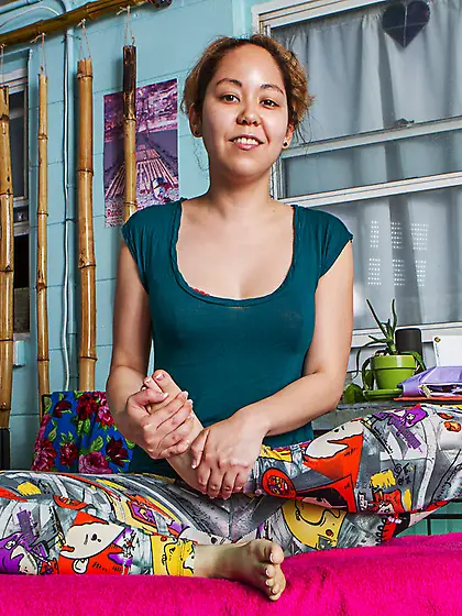 Titillating exotic female works out in the nude flashing hairy p