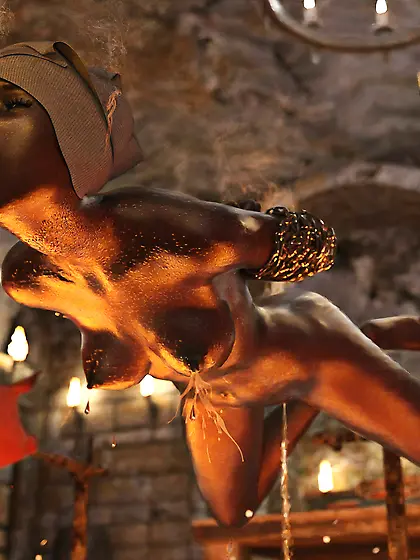 Black girl impaled,  spitroasting,  barbecue,  bbq