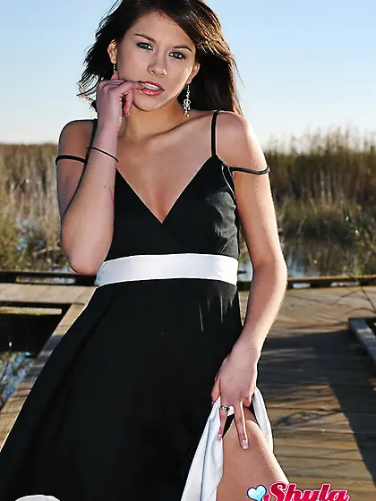 Small breasted teen cuttie Shyla Jennings takes off her black dr